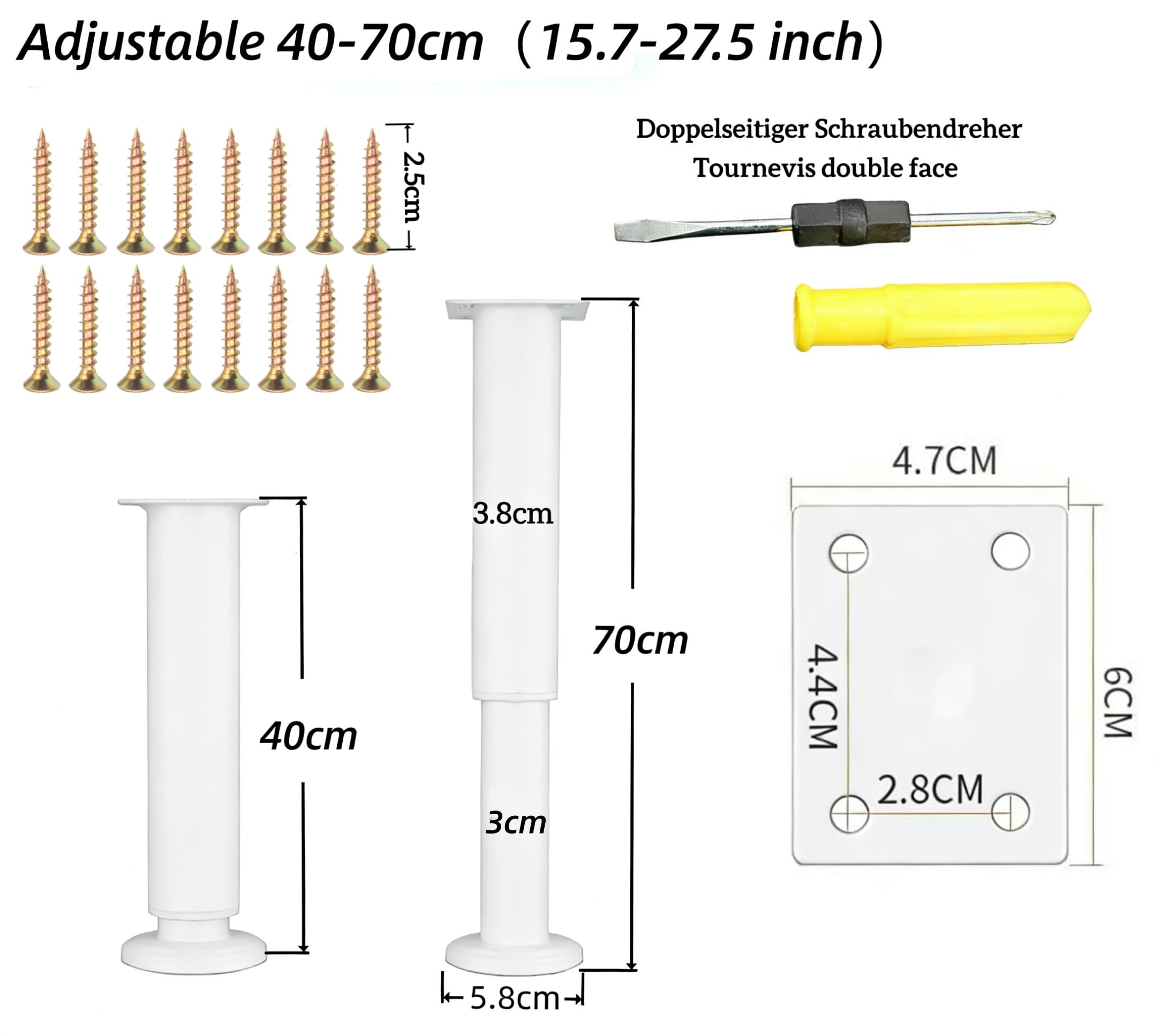 4 Pieds de Meubles Réglables,Pieds de Meubles à Hauteur Réglable, Pieds de Meubles en Métal, Pieds de Meubles Anti-Rayures pour Armoires,Meubles TV,Lits (Blanc, 40-70 cm)