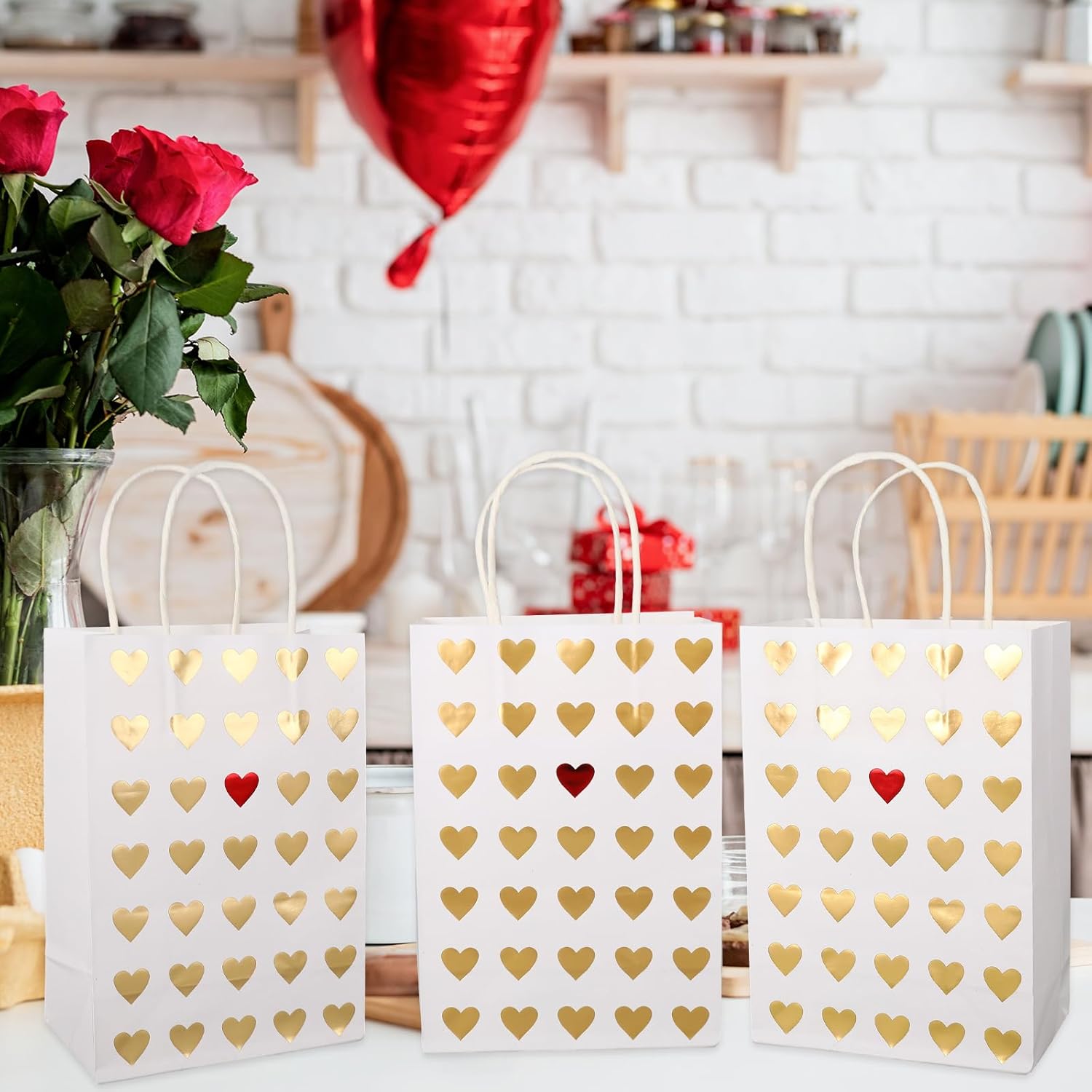 Whaline 24Pcs Valentine's Day Paper Heart Gift Bags with Handle Gold Foil Love Heart Party Favor Bags Goodie Candy Treat Bags For Wedding Anniversary Birthday - Image 6