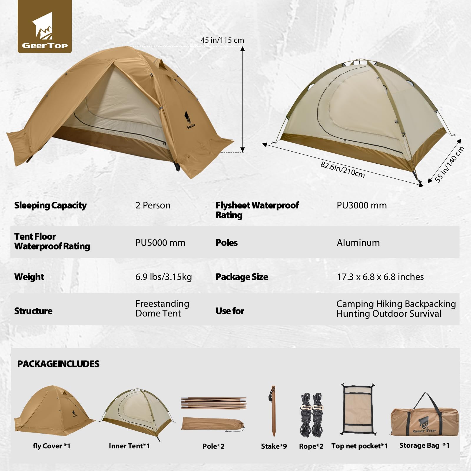 GEERTOP Tienda de campaña para 2 Personas, con Varillas de Aluminio, Resistente al Agua, para Dos Personas, 4 Estaciones, Ideal para Camping, Senderismo, Viajes y Escalada