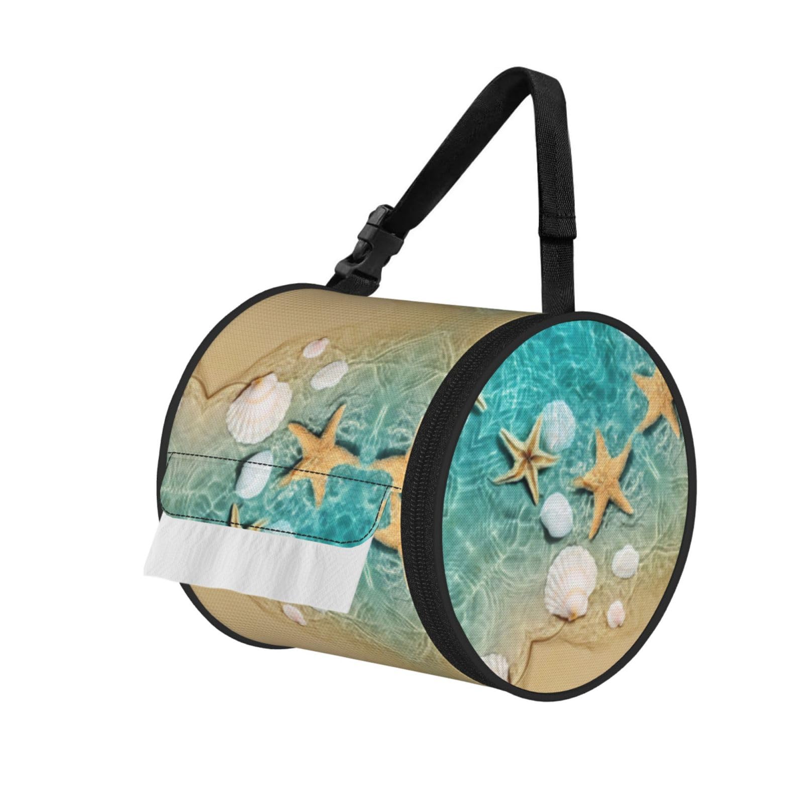 Jiuty Black Beach Starfish Scallop Print Cylinder Tissue Organizer Bag With Strap, Portable Toilet Roll Holder For Camping Car