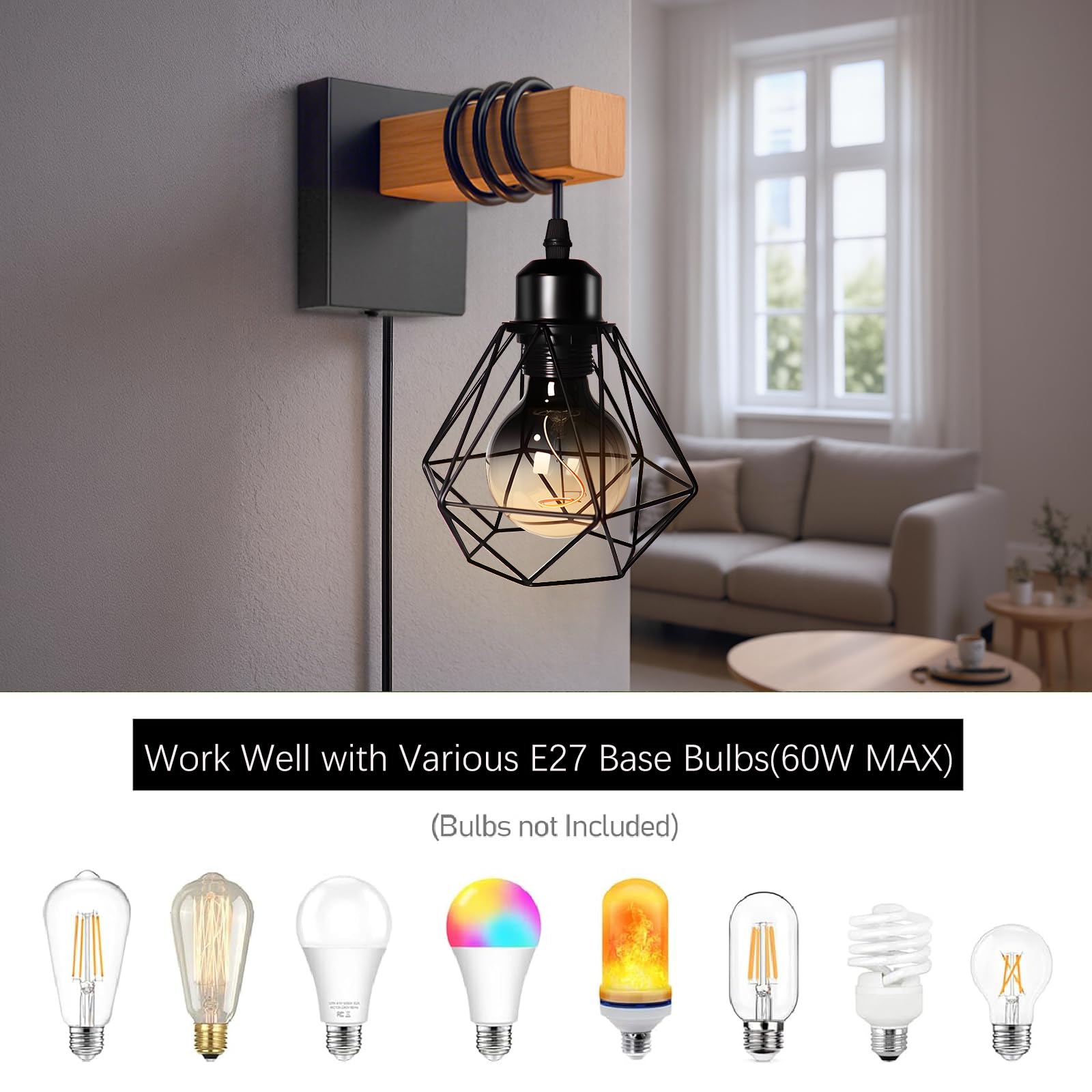 louawieng Plug in Wall Light, Dimmable Industrial Wood Wall Lamp, Black Wall Sconce with Switch Cord E27 Socket - Image 4