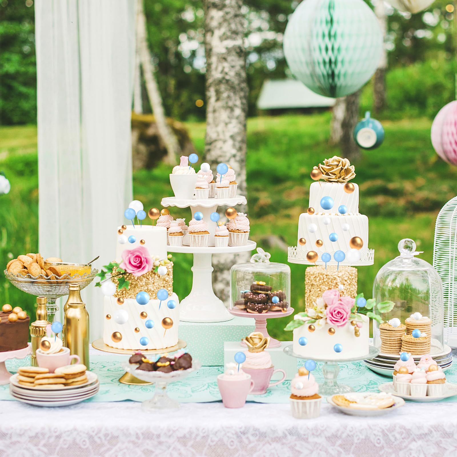 108 Pezzi Topper Torta Sfera in Schiuma,Mini Topper Torta Palloncino Cupcake Perle Balls Topper Foam Ball Torta Palloncino Cake Topper,per Anniversario,Matrimonio,Compleanno (Blu Bianco Oro)