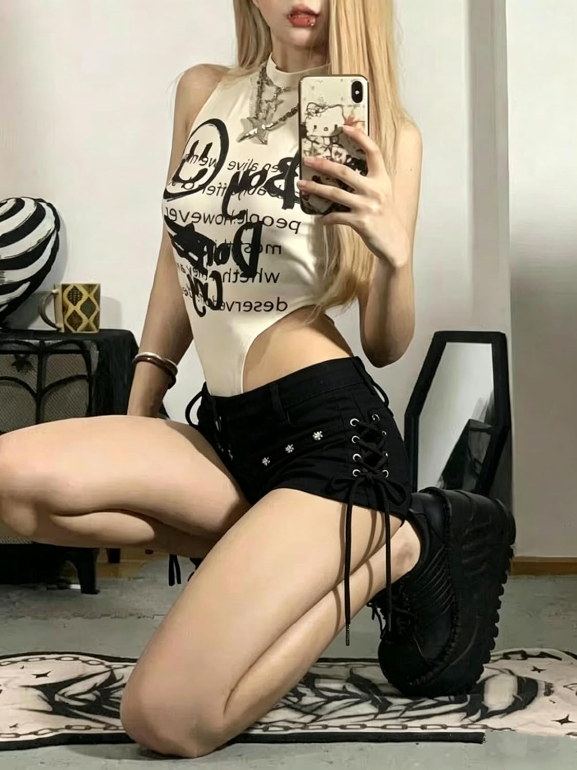 Pbkabiug Y2k Clothes Sexy Bandage Denim Shorts Women American Retro Harajuku Streetwear Punk Gothic Shorts