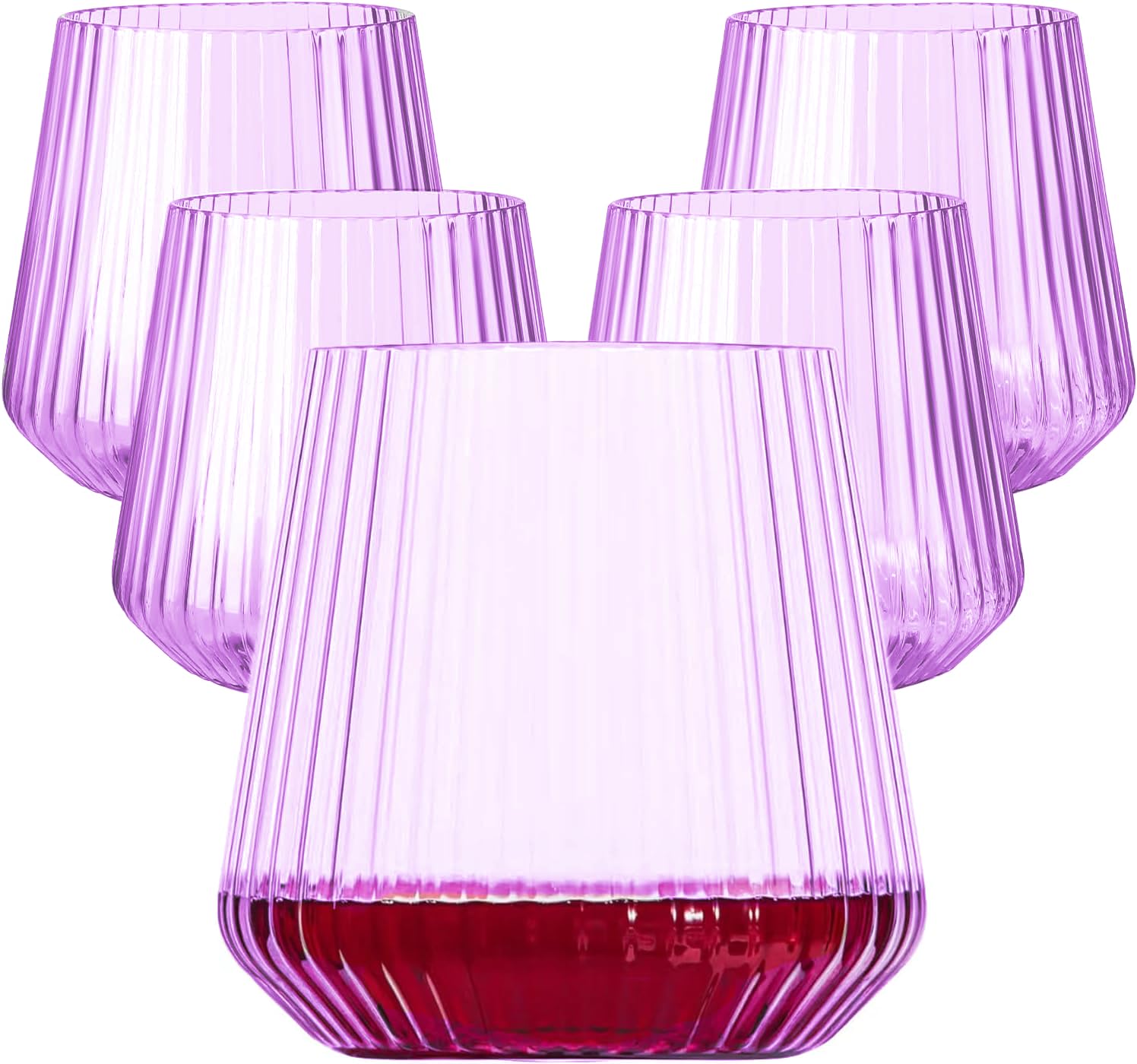 Lueumxc 40 Pack Plastic Ribbed Wine Glasses, 14Oz Origami Disposable Wine Glasses Unbreakable Clear Plastic Cocktail Glasses Recyclable Shatterproof Reusable Wine Cups (14oz-purple-40pack)