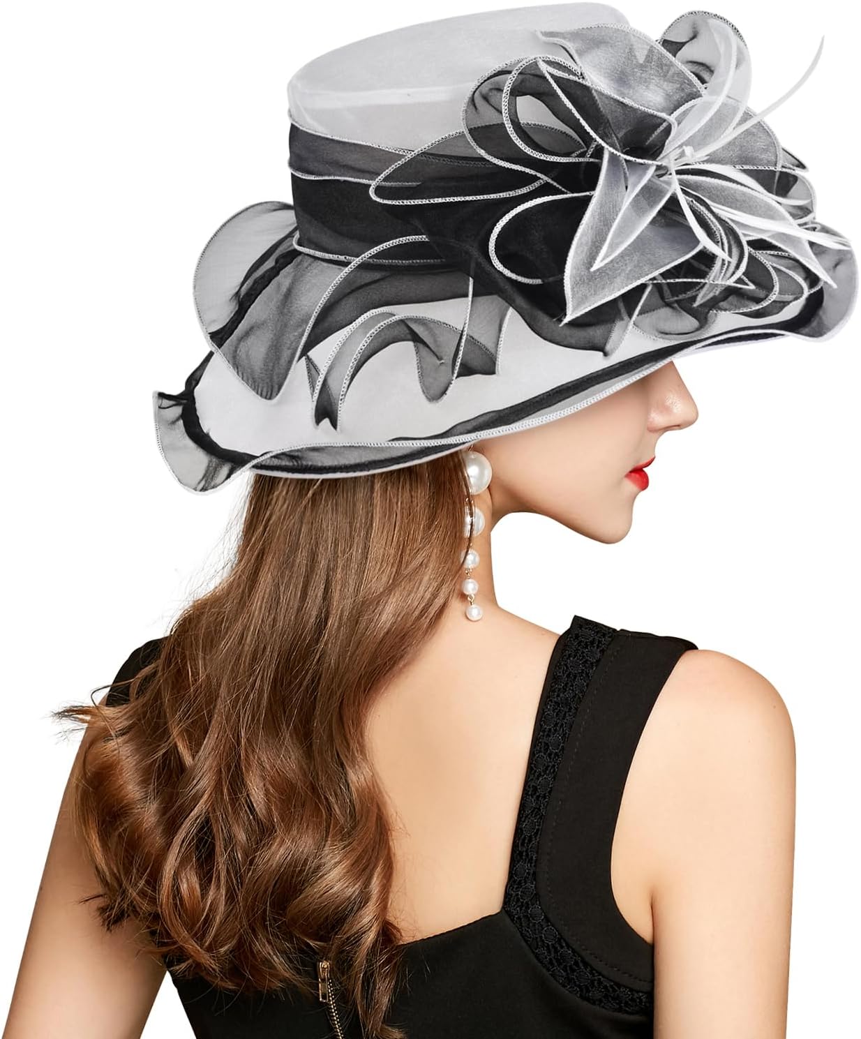 2026 Derby Hat, Classy Sun Hats for Women Ladies, Organza Feather Kentucky Fascinator for Tea Party Church UV Protection image 3