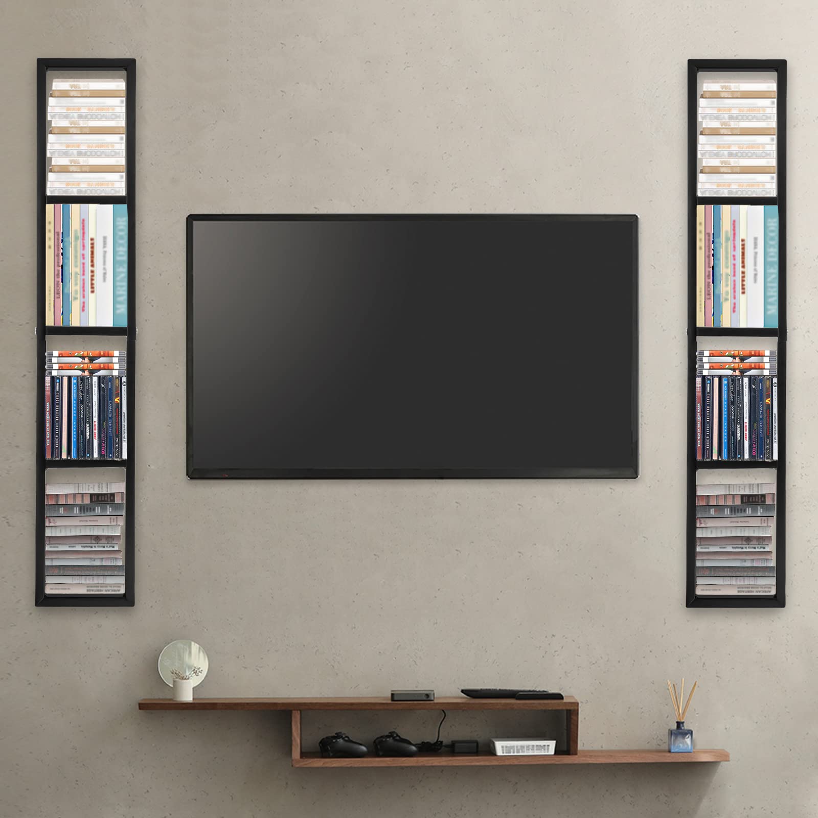 MARTEXBUY 2 Pcs Wall Mount 34 Inch Media Storage Rack, CD DVD Organizer Metal Black Shelf, 34