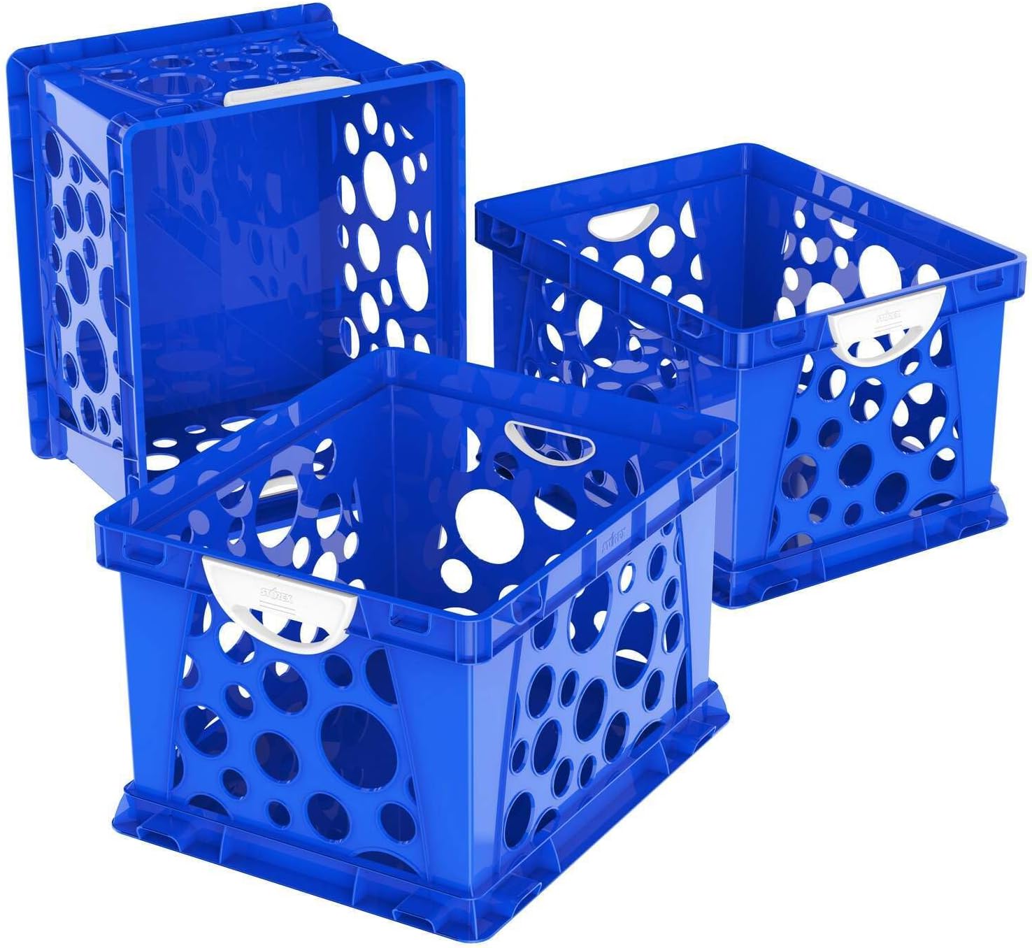 HomeStock Premium File Crate with Molded Handles, Letter and Legal Document and Folder Storage, 3-Pack, Made of Plastic - 17.25" L X 14.25" W X 10.5" H Blue/White