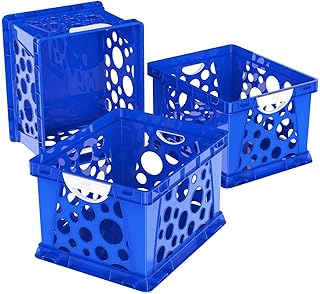 Premium File Crate with Molded Handles, Letter and Legal Document and Folder Storage, 3-Pack, Made of Plastic - 17.25" L X 14.25" W X 10.5" H Blue/White