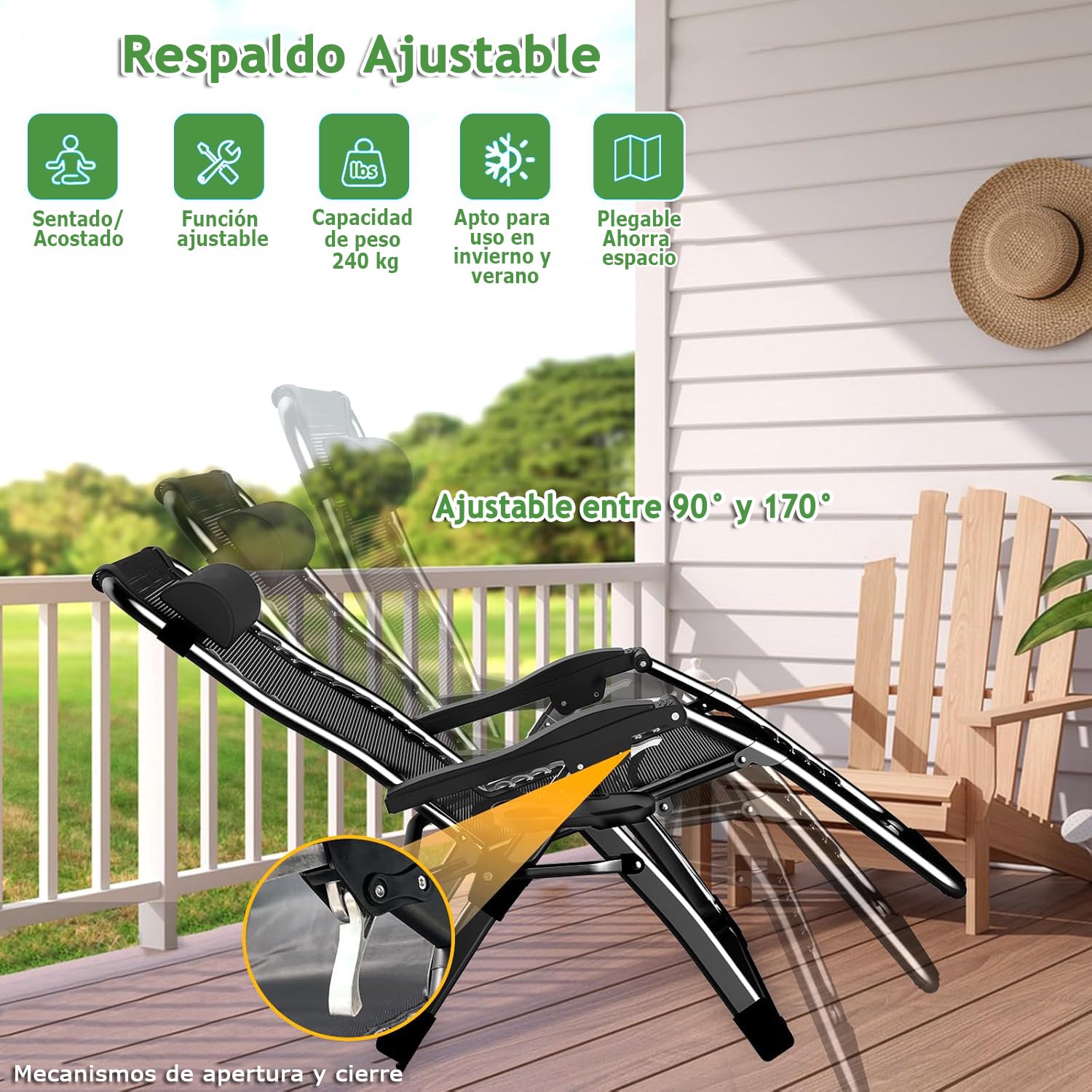 Silla Tumbona Plegable Negro Gravedad Cero 72 cm Ancha Tumbonas Jardin Exterior con Almohada Cervical Desmontable, Cojín y Funda Tumbona, Ideal para Terraza, Jardín, Playa