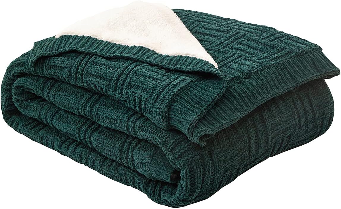 MH MYLUNE HOME Soft Reversible Chenille Cable Knit Sherpa Throw Blanket (50x60 in) Plush Fuzzy Knitted Cozy Blanket for Couch Sofa Bedding Decor, Forest Green