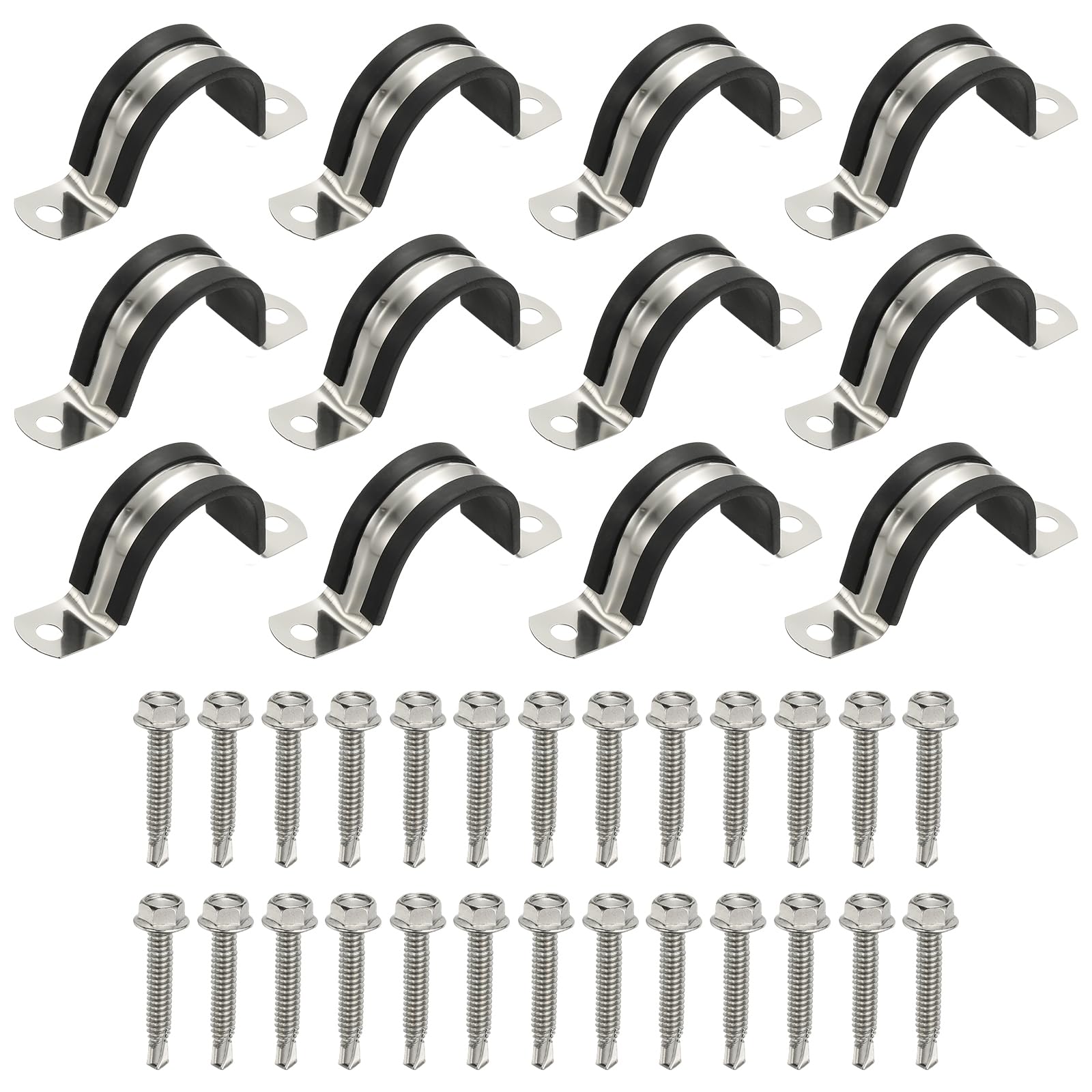 PATIKIL 12Pcs Pipe Clamps, 1-1-4 Inch 304 Stainless Steel Rubber Cushioned U Bracket Conduit Clamps Pipe Strap Wire Clips with Hexagonal Screw for Tube Hose Cord Installation, 32mm