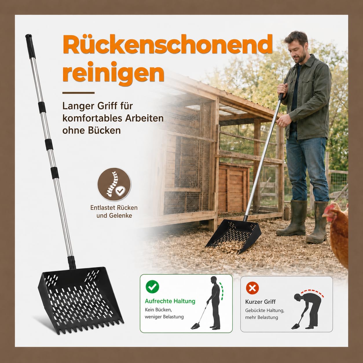 Pala para excrementos de pollo con mango, 25 cm de ancho, pala colador de acero inoxidable, pala telescópica de 160 cm, gallinero, accesorios para caballos, cerdos y animales pequeños, pala colador de