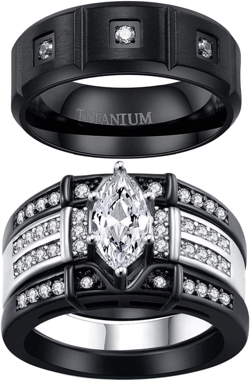 Two Rings His Hers Wedding Ring Sets Couples Matching Rings Women's 2pc Black Gold Plated White CZ Wedding Engagement Ring Bridal Sets Men's Titanium Band Wedding Band