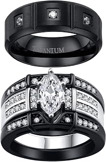 Two Rings His Hers Wedding Ring Sets Couples Matching Rings Women's 2pc Black Gold Plated White CZ Wedding Engagement Ring Bridal Sets Men's Titanium Band Wedding Band