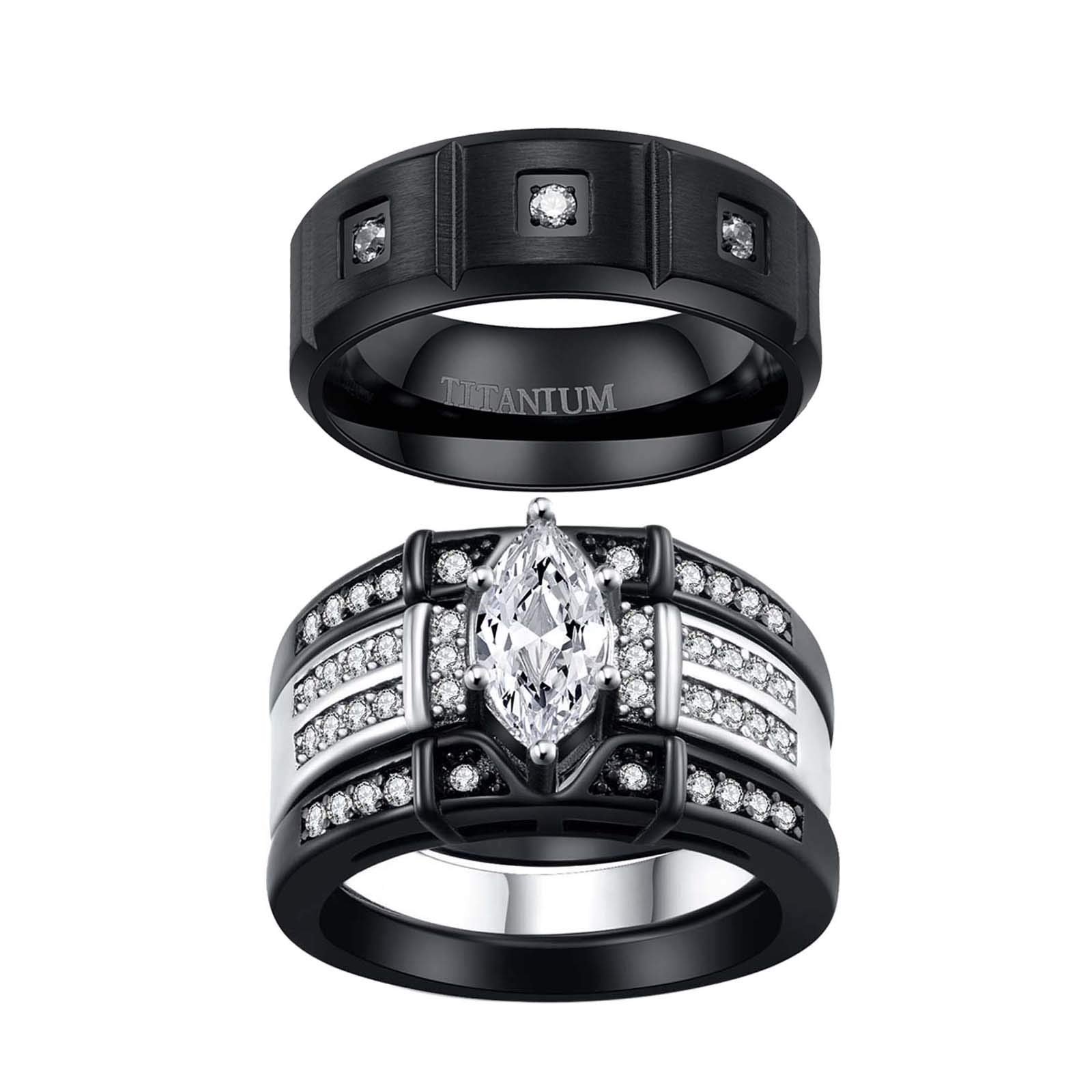 WRS WEDDING RING SETTwo Rings His Hers Wedding Ring Sets Couples Matching Rings Women's 2pc Black Gold Plated White CZ Wedding Engagement Ring Bridal Sets Men's Titanium Band Wedding Band