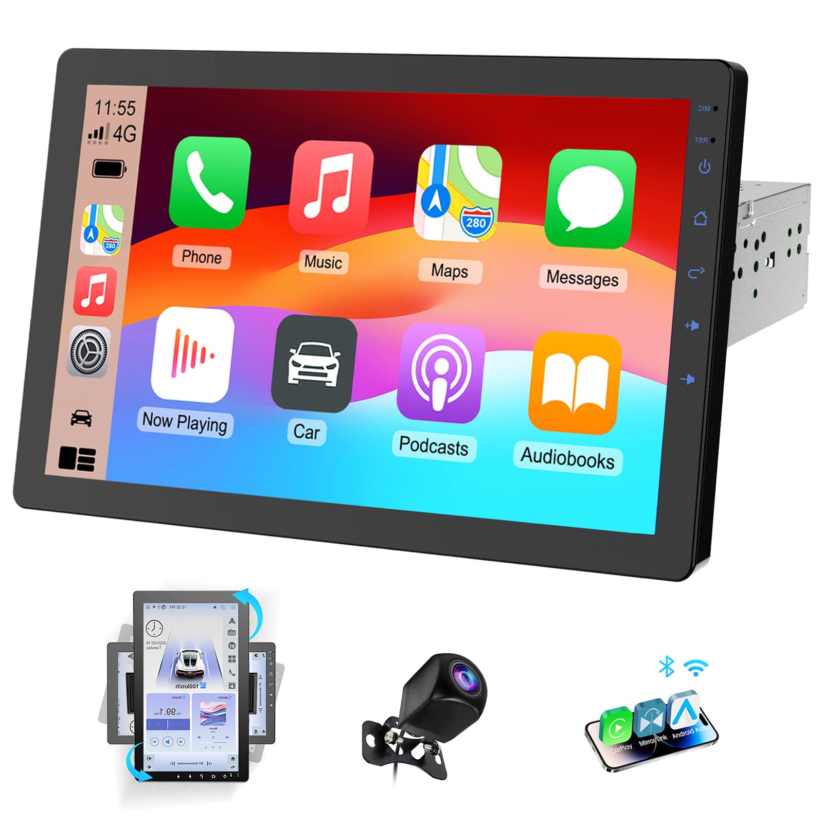 Haudio Autoradio Girevole a 360°, Stereo Bluetooth 1 DIN Carplay Wireless e Android Auto, Touchscreen IPS 10.1 Pollici Car Play con Mirror Link,Controllo vocale,RDS/FM/AM,Fotocamera Posteriore 720P