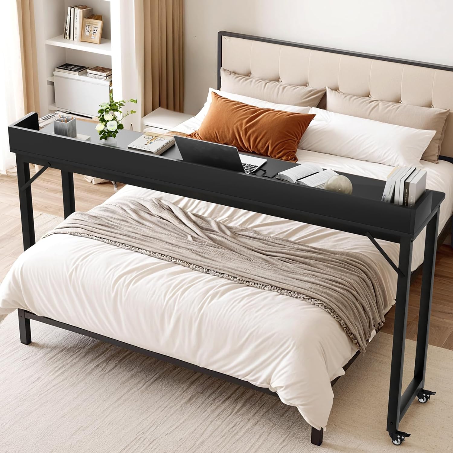 Clevich Overbed Table with Wheels, Queen Full Size Mobile Computer Desk, Standing Laptop Cart, Over Bed Table with Heavy Duty Metal Leg, for Bedroom 16" D x 71" W x 41" H (Black)