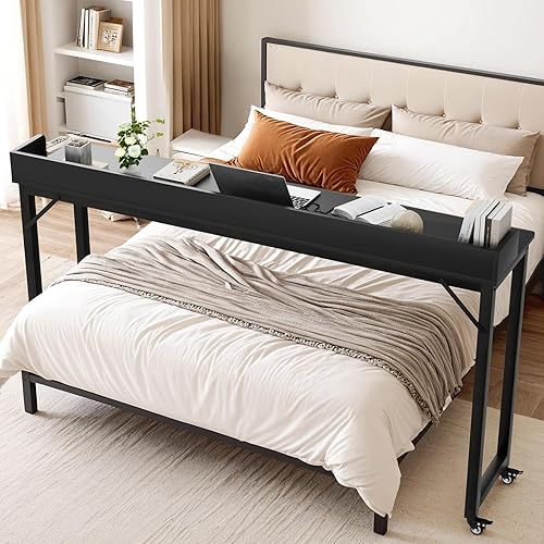 Miniatura 7 de Mesa para colocar sobre la cama con ruedas, tamaño Queen y matrimonial, para computadora portátil, carrito de pie para laptop, mesa de cama con
