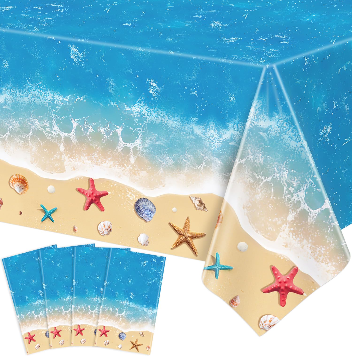 TYXIVO 4Pcs Ocean Waves Tablecloth Beach Pool Party Decorations sea Theme Table Cover Rectangle Beach Ocean Water Print Table Cover 51 x 86inch for Hawaiian Pool Party Birthday Supplies
