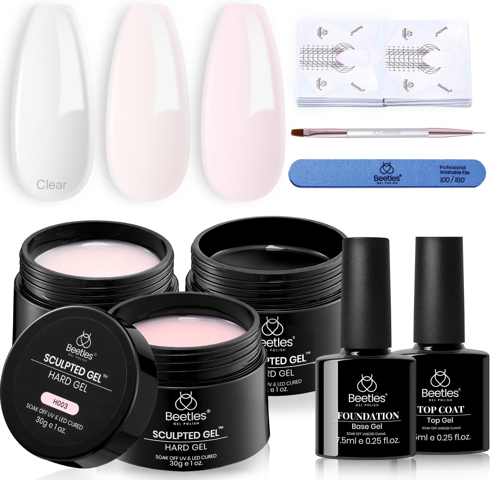 Beetles Builder Gel for Nails-3 Colors 9 in 1 Nail Extension Sculpting Building,Clear Nude Pink Hard Gel Kit with Base Top Coat for Pros Women,UV & LED Lamp Cured Needed