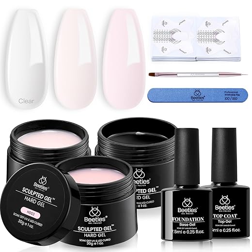 Beetles Builder Gel para unhas - 3 cores 9 em 1 para extensão de unhas, kit de gel rígido rosa nude transparente com base superior para mulheres, lâmpada UV e LED curada necessária
