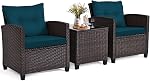 ORALNER 3 Pieces Wicker Patio Furniture Set, Outdoor Conversation Set Rattan Chairs with Soft Cushions, Glass Coffee Table, Bistro Set for Front Porch Balcony Garden Deck Poolside (Navy Blue)