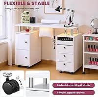 Vista 8 de Nail Desk for Nail Tech w/Electric Dust Collector, Rolling Manicure Table w/Lockable Wheels, Storage Drawers, Wrist Cushion, Acetone Resistant, for