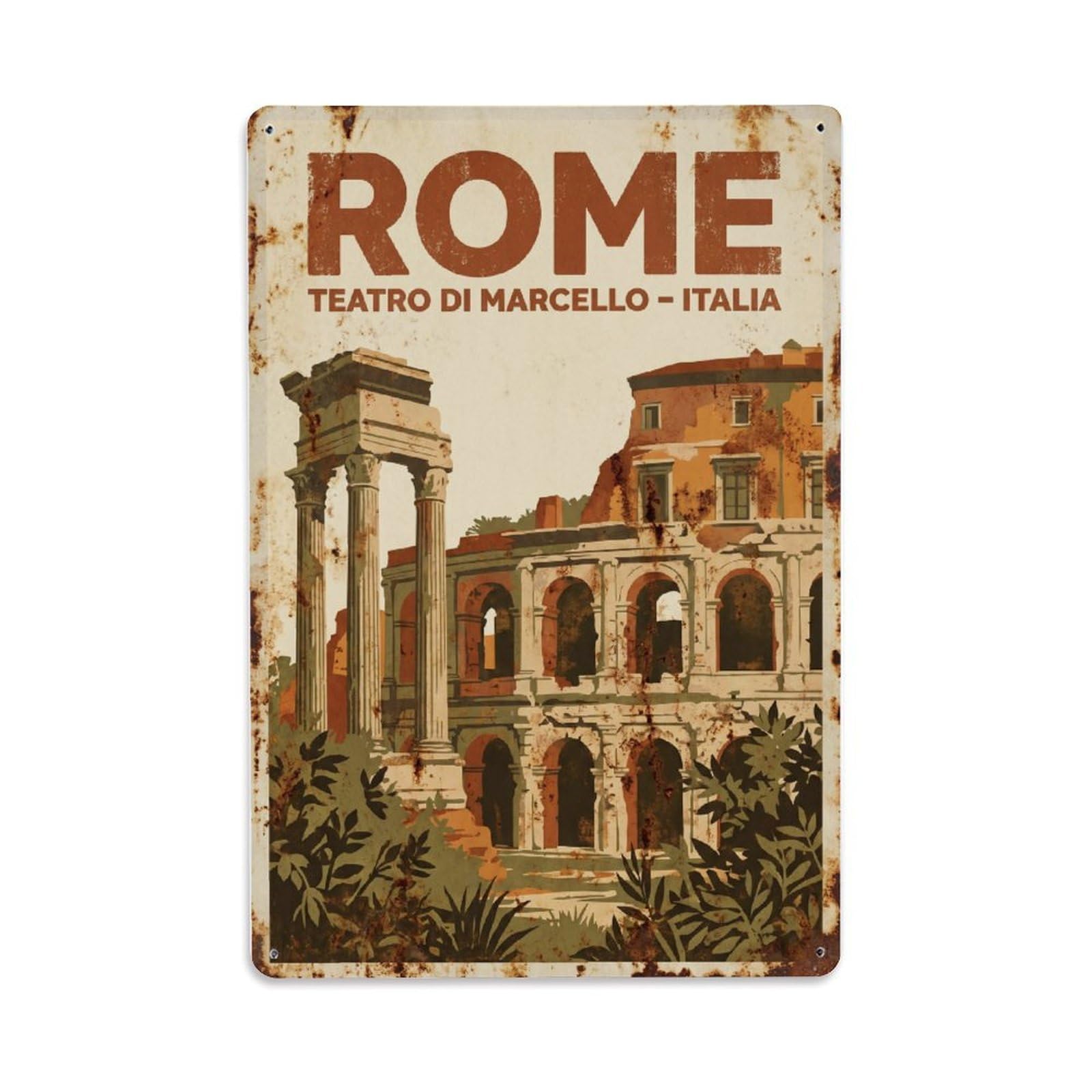 Vintage Travel Rome Teatro Marcello Ancient Theater Ruins Rusted Italy Metal Tin Sign Plaque Wall Decor for Cafe, Club Bar, Office, Home Garden Metal Poster 8x12Inch