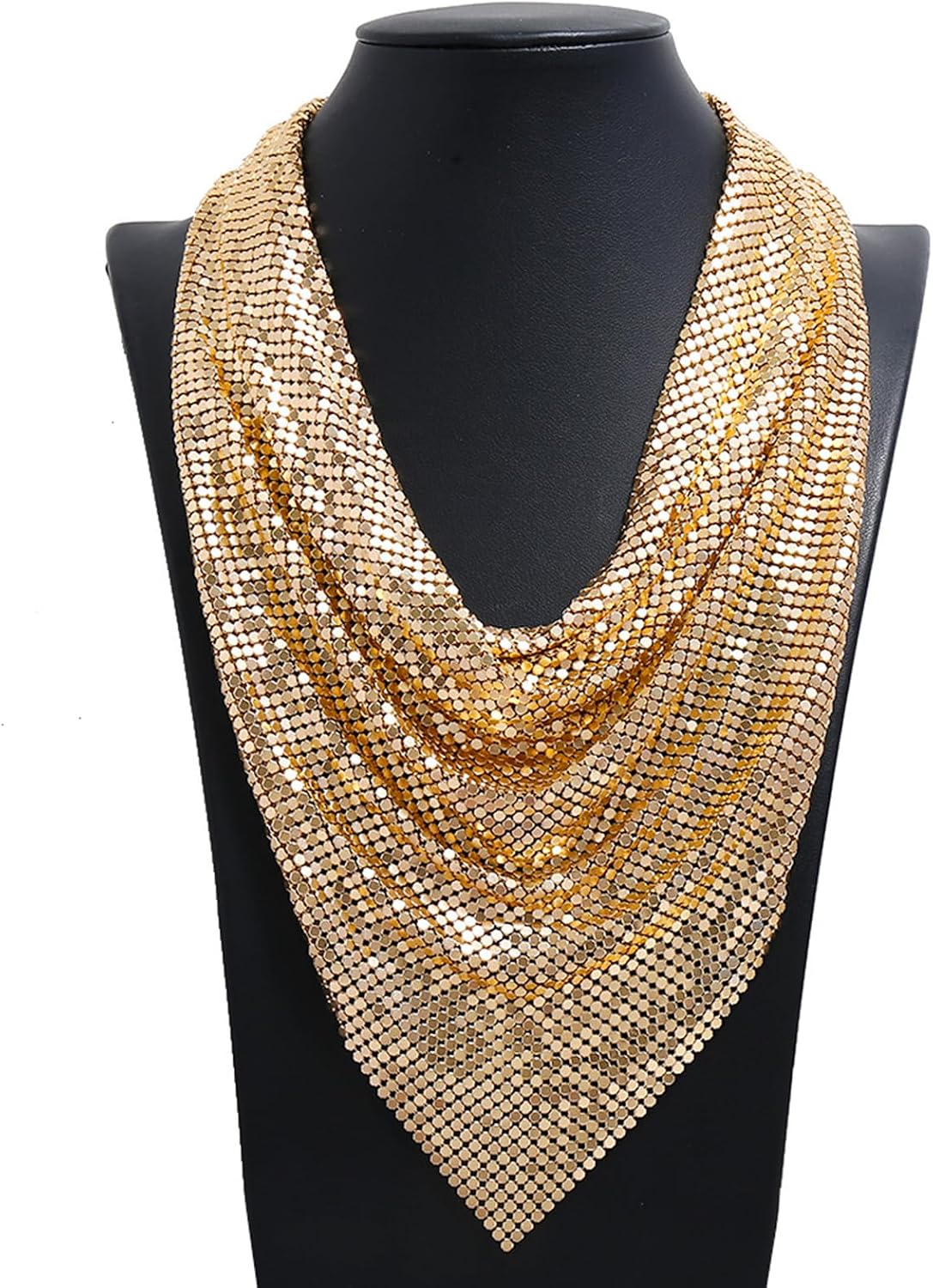 Greenery-GRE Metal Sequin Mesh Scarf Necklace Gold Chain Choker Faux Collar Bib Statement Neckpiece for Nightclub Party Festival Jewelry Accessories for Women