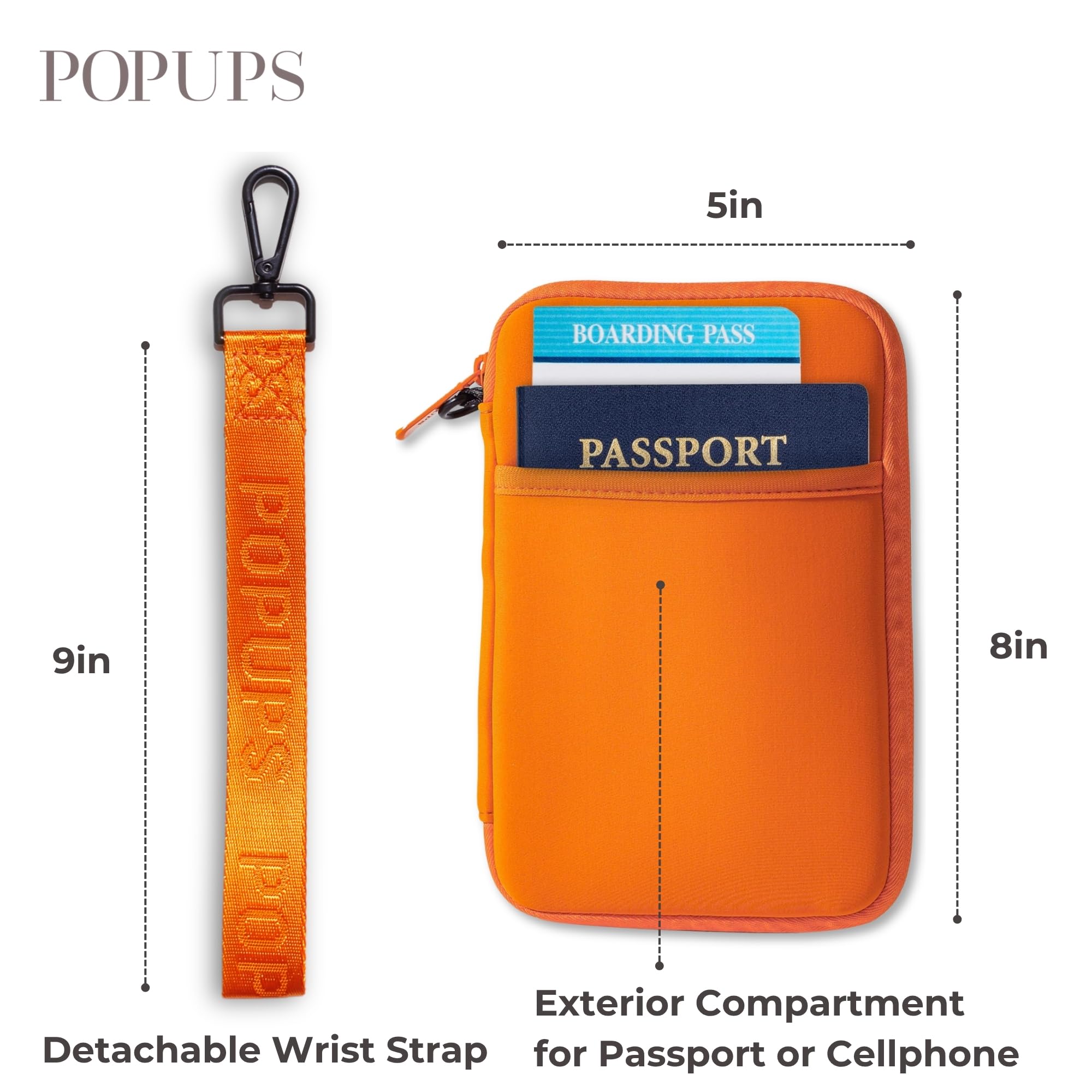 POPUPS Reisepasshülle für Damen, groß, mehrere Dokumente, Organizer und Halter mit Handgelenk, burnt orange, Popups Brand Basic Große Neopren-Tragetasche