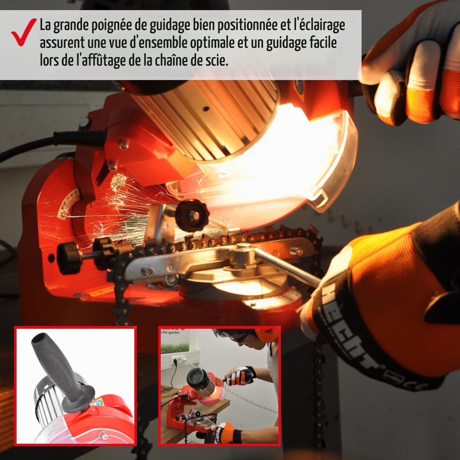 Hecht 9230 Aiguiseur de chaine ponceuse excellent avec lampe intégrée pour aiguiser votre chaîne de scie