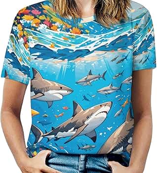 トップス SALE! MUZE MULTI SHARK SHORT SLEEVESHIRT Shark Full Print T-Shirt Casual for Women Spring Summer
