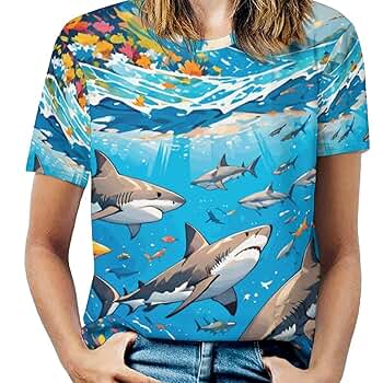 トップス SALE! MUZE MULTI SHARK SHORT SLEEVESHIRT Shark Full Print T-Shirt Casual for Women Spring Summer