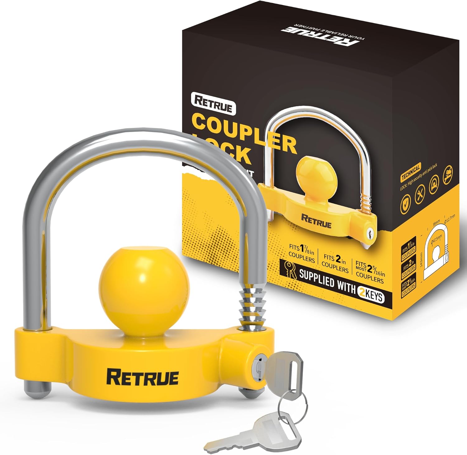 RETRUE Universal Trailer Coupler Lock: Adjustable Heavy-Duty Steel Hitch Lock Fits 1-7/8", 2", 2-5/16" Couplers, Bright Yellow, Lightweight Anti-Theft Security