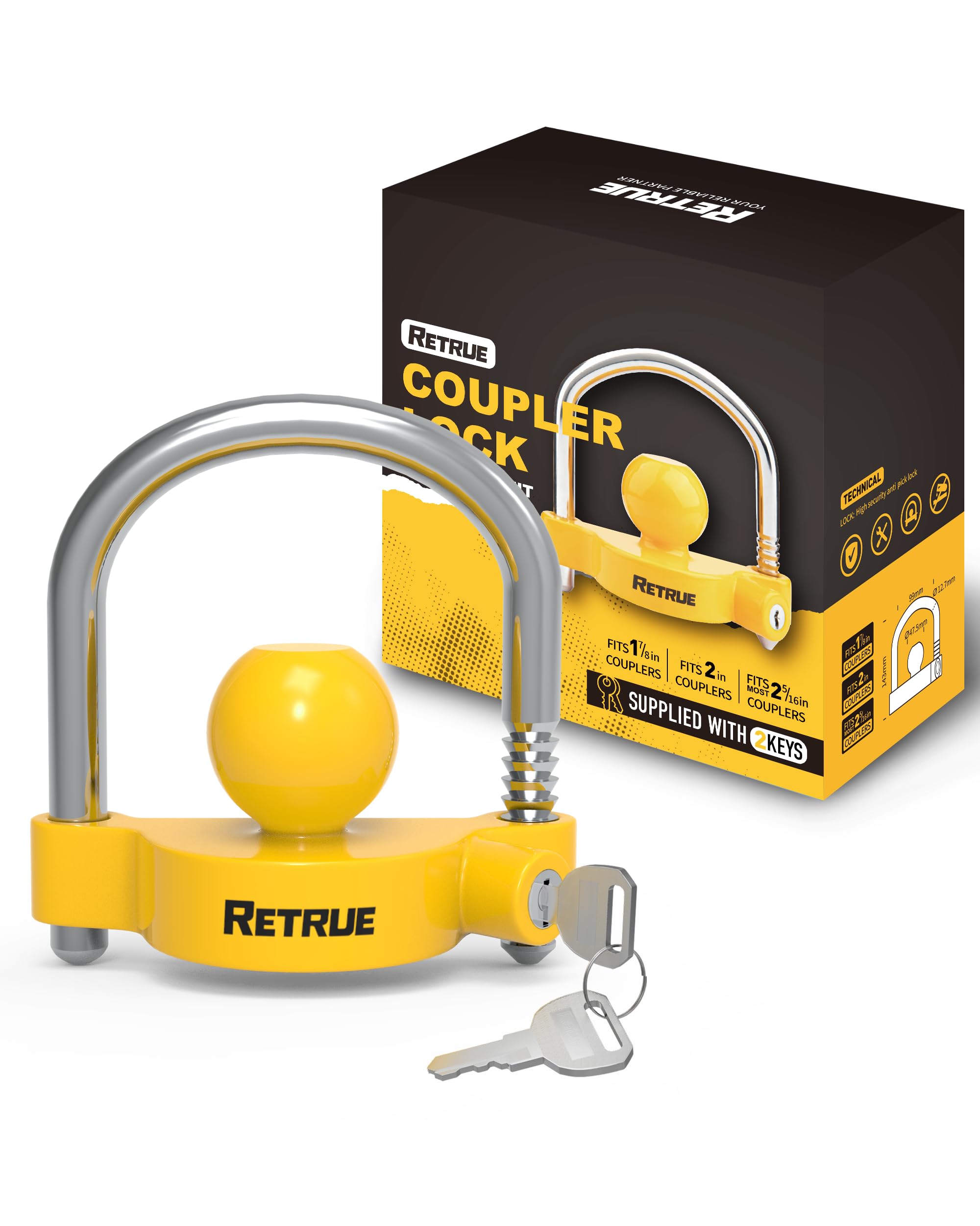 RETRUE Universal Trailer Coupler Lock, Adjustable Hitch Lock, Bright Yellow