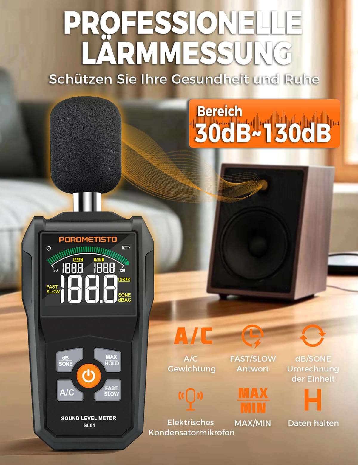 SL01 Dezibel Messgerät,30-130dB Schallpegelmessgerät,Mit A/C-Gewichtung,Datenspeicherung,Maximum/Minimum),Präzises db Messgerät für Professionelle,Industrie & Privatgebrauch