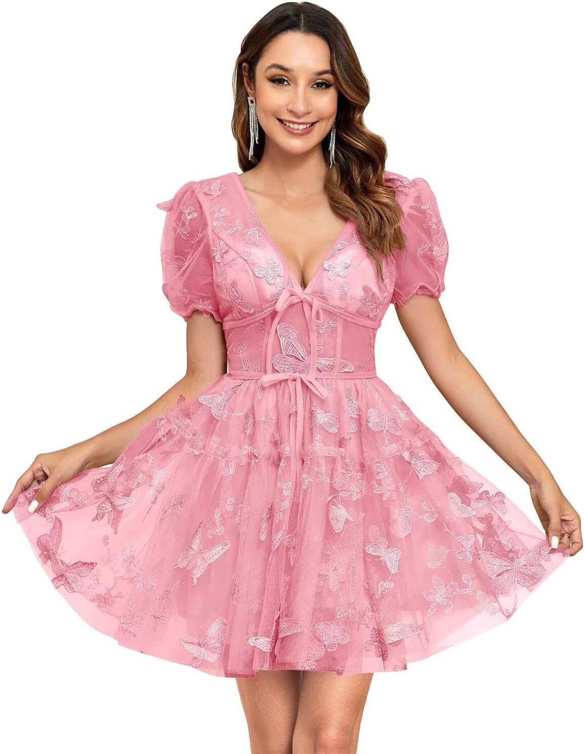 3D Butterfly Tulle Homecoming Dresses Short Teens Lace Appliques Puffy Sleeves Cocktail Party Gowns