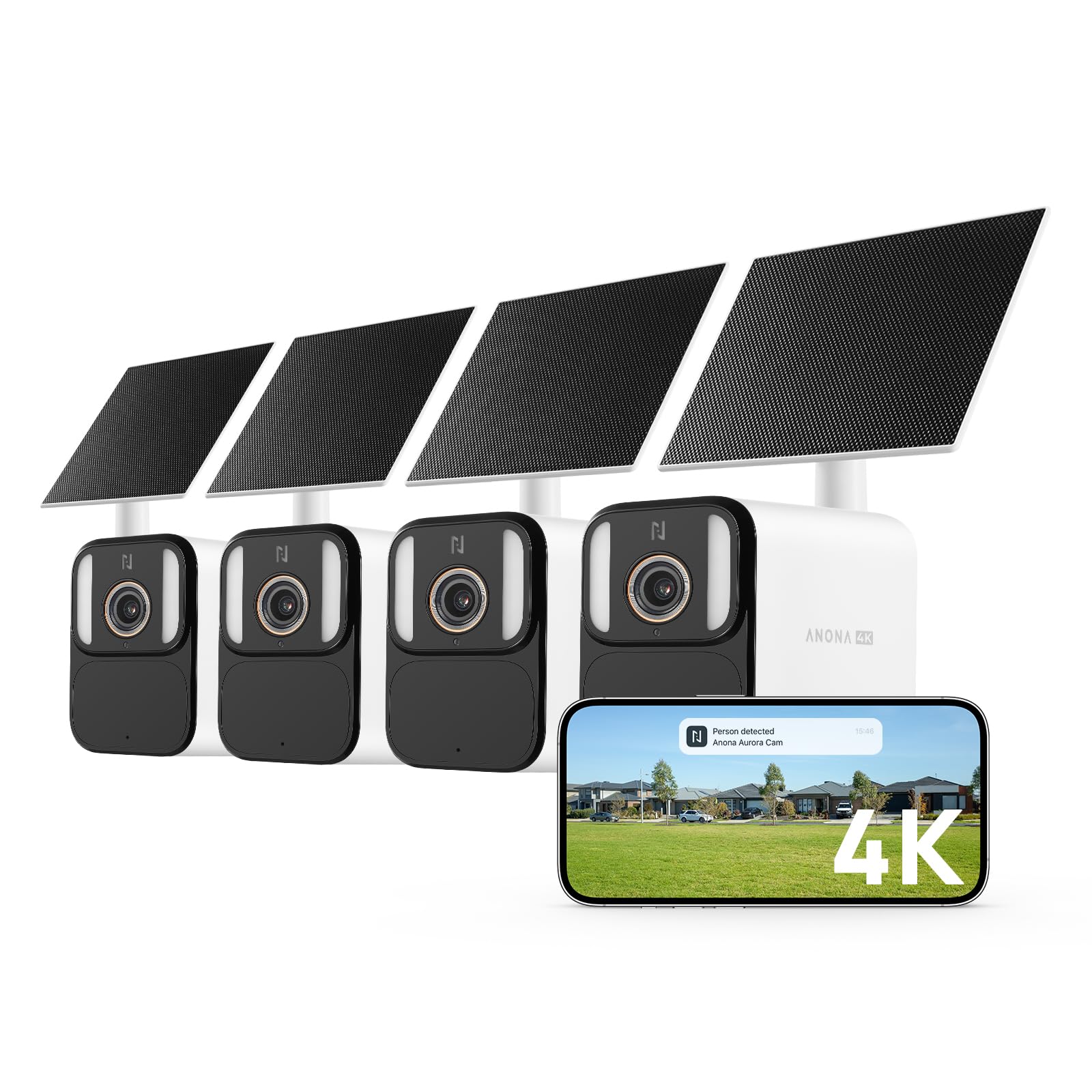 Anona Aurora 4K Solar Security Cameras Wireless Outdoor, Forever Power with Solar Panel, 8MP Color Night Vision, 24/7 AOV Recording, No Monthly Fees, AI Detection, Easy Setup, 2.4 G WiFi, IP67, 4 Pack