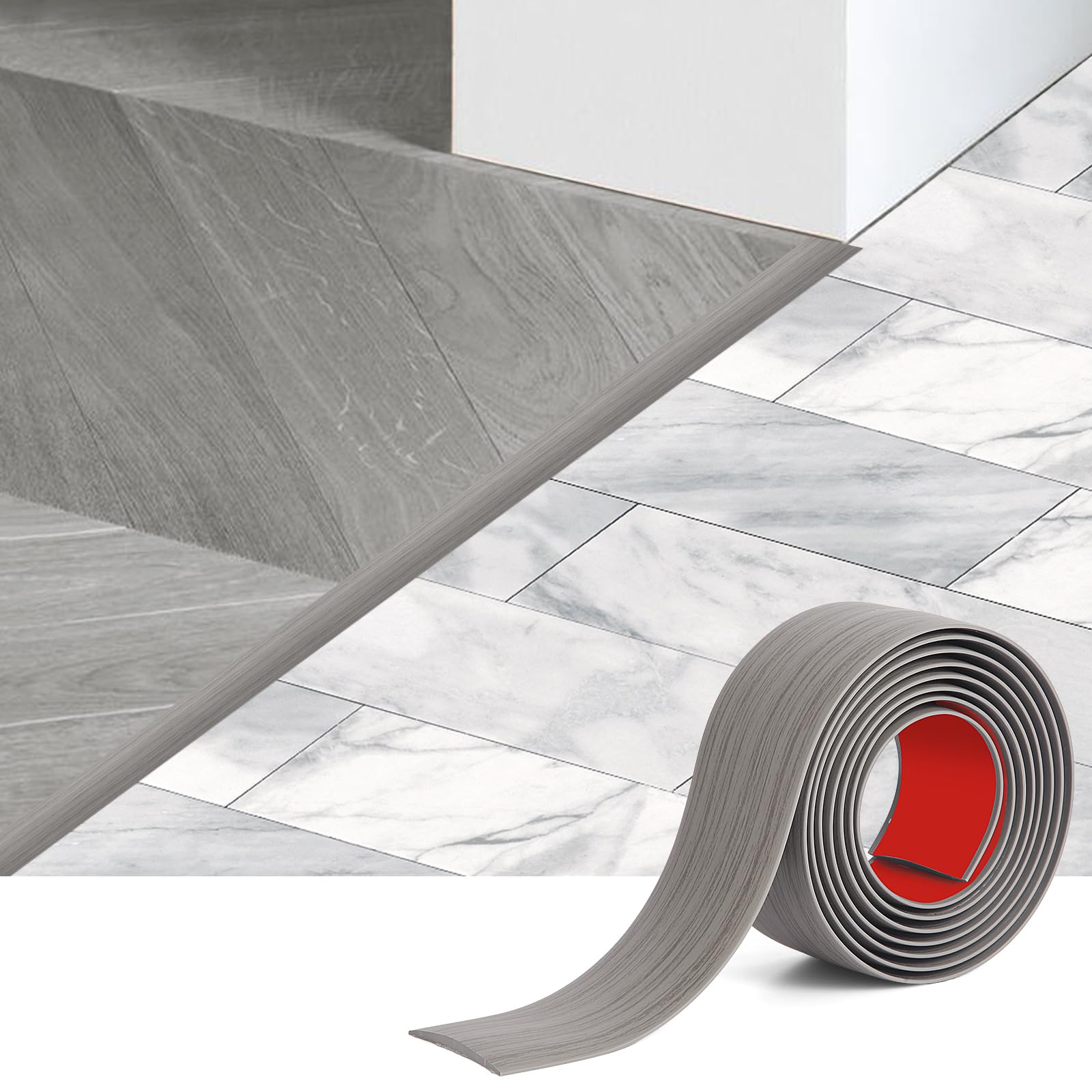 Self Adhesive Vinyl Floor Transition Strip, Threshold Strips for Doorways, Floor Gap Cover Strip for Laminate, Vinyl, Tile and Carpet, 2m Γ 5cm, Grey Wood Grain