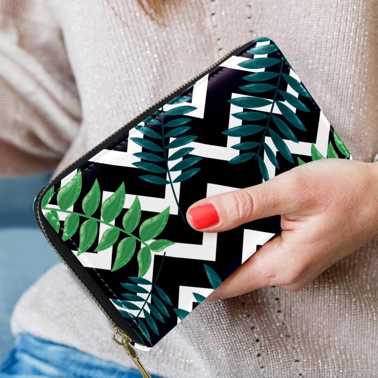 Cartera de cuero con cremallera larga con hojas tropicales oscuras en zigzag blanco y negro, Varios colores, 20.5x2.5x11.5cm/8.07x1x4.53 in, Classic