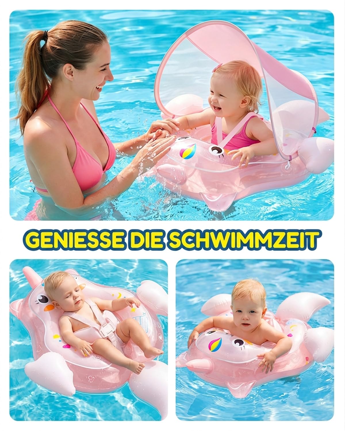 Schwimmring Baby, Baby Schwimmring mit UPF50+ Sonnendachm Abnehmbaren, Verstellbarer Sicherheitssitz, Schwimmhilfe Kinder, Anti-Umkippen Aufblasbare Schwimmreifen für ab 3-36 Monate