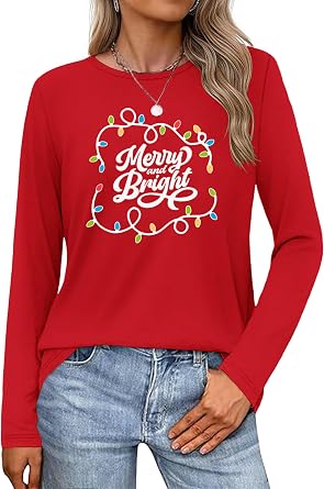 Long Sleeve Christmas Shirts for Women Merry Christmas T-Shirt Cute Xmas Graphic Holiday Tops