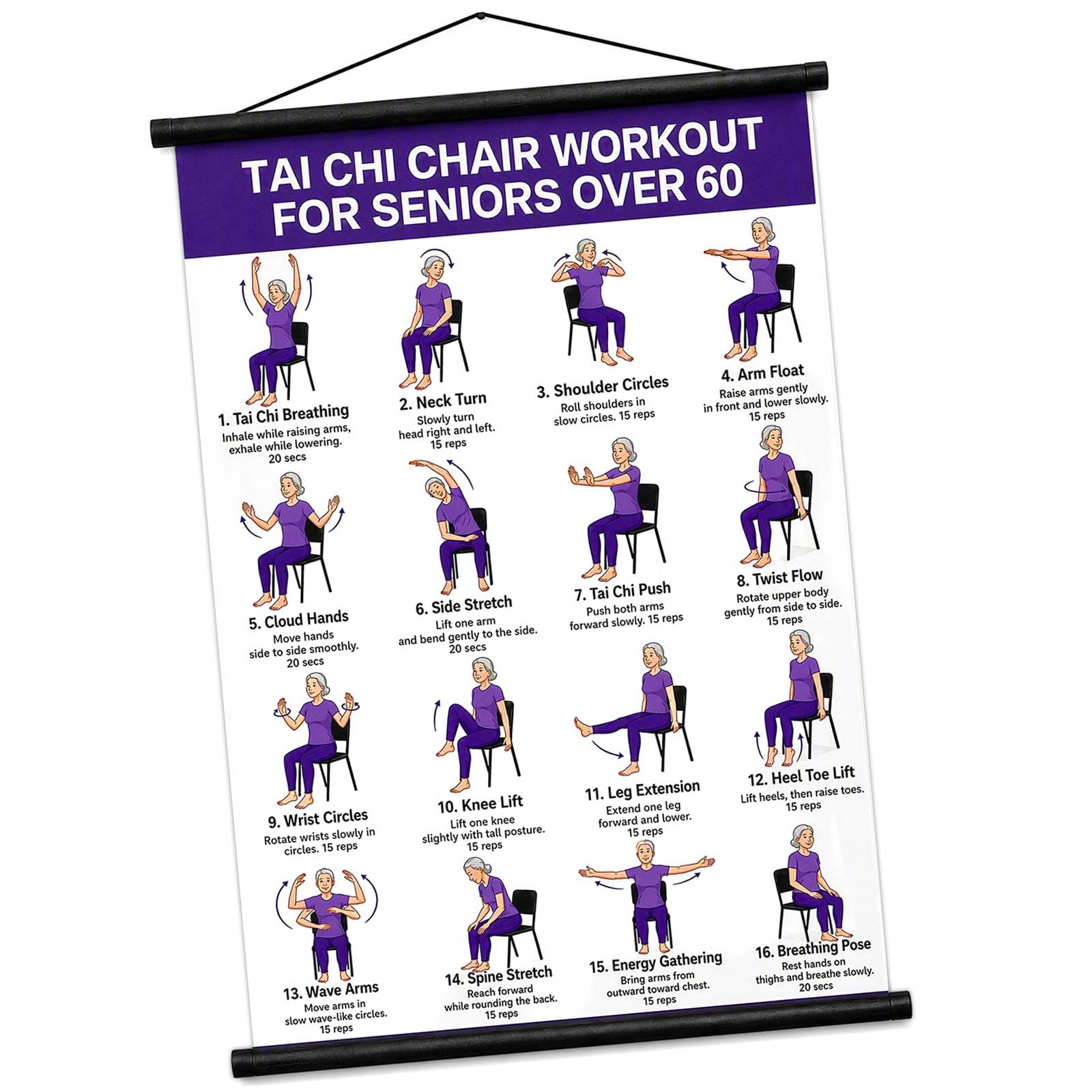 KIPTVO Tai Chi Chair Workout Wall Chart, for Seniors Seated Exercise Poster