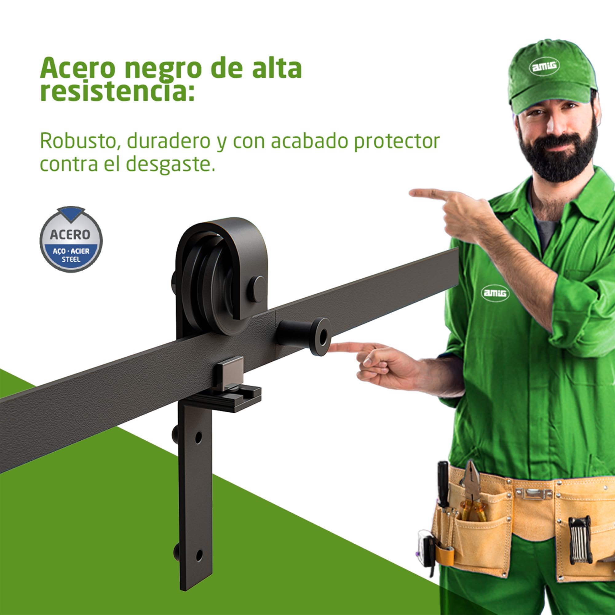 Amig - Kit puerta corredera plegable - Guía 110 cm acero negro - Resistencia hasta 40 kg - Estable y compacto - Deslizamiento silencioso y estable - Mod. SD006