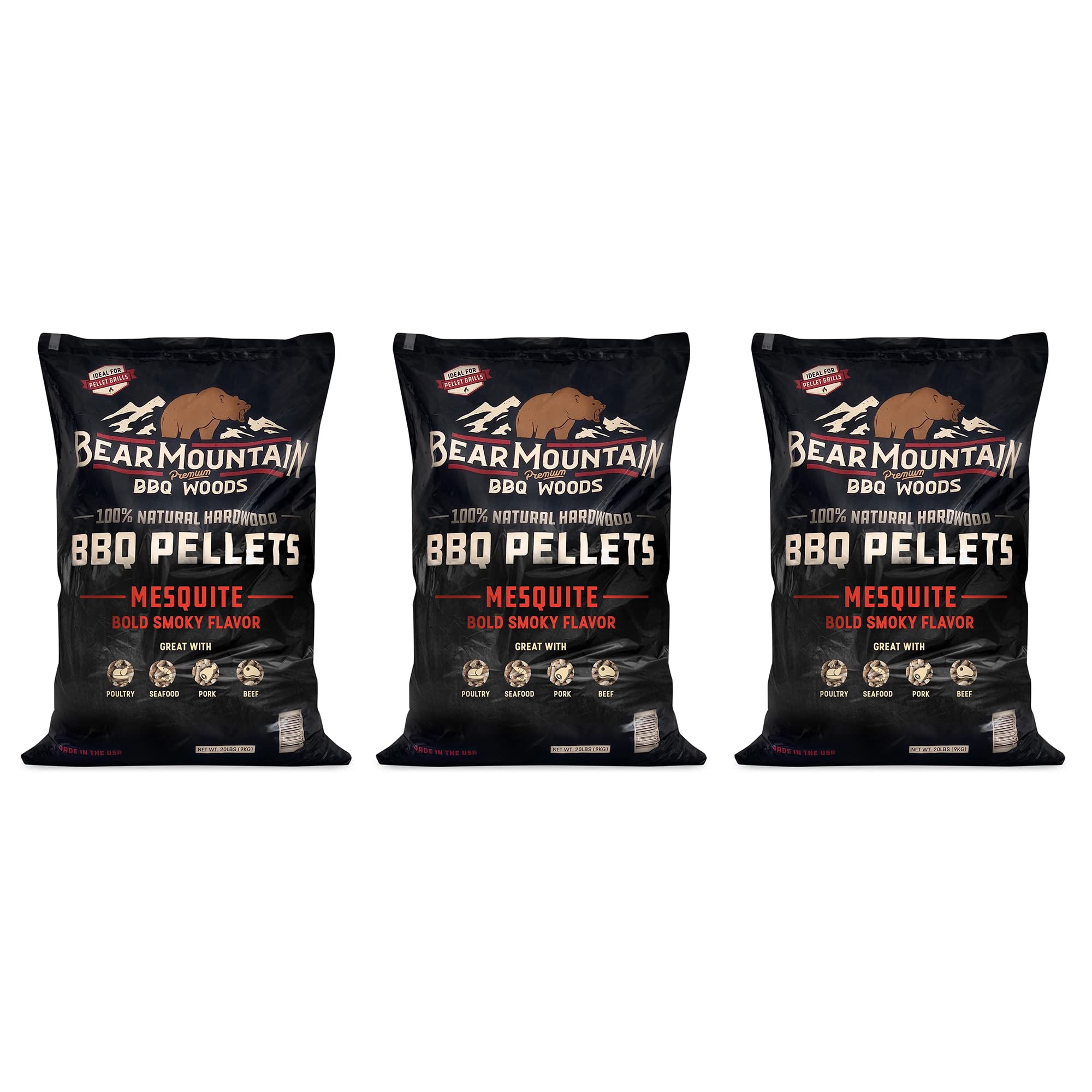 Bear Mountain BBQ FK17 Premium 20 Pounds All Natural Hardwood Mesquite BBQ Hardwood Smoker Pellets for Outdoor Electric Grilling and Smokers (3 Pack)