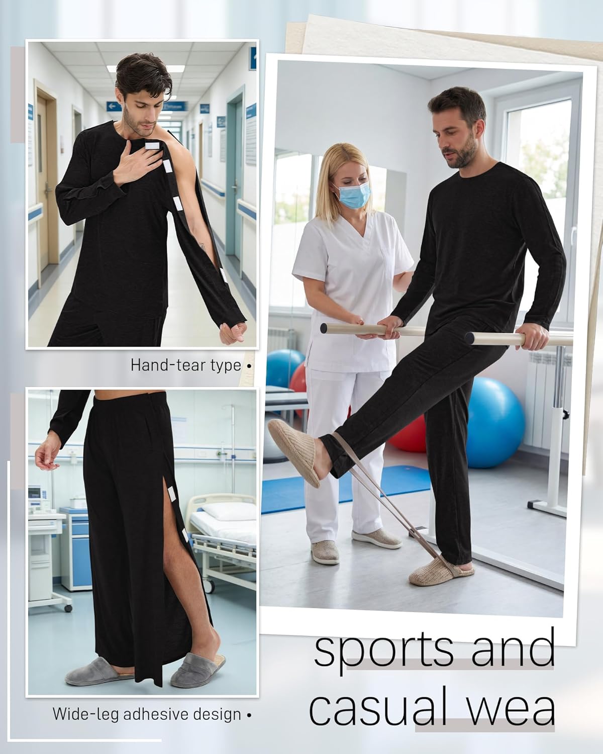 Men Full Tear Away Suit Set 2 Pcs Open Post Shoulder Shirt invalid Pants Recovery Pajama Fracture Care Bedridden - Image 6