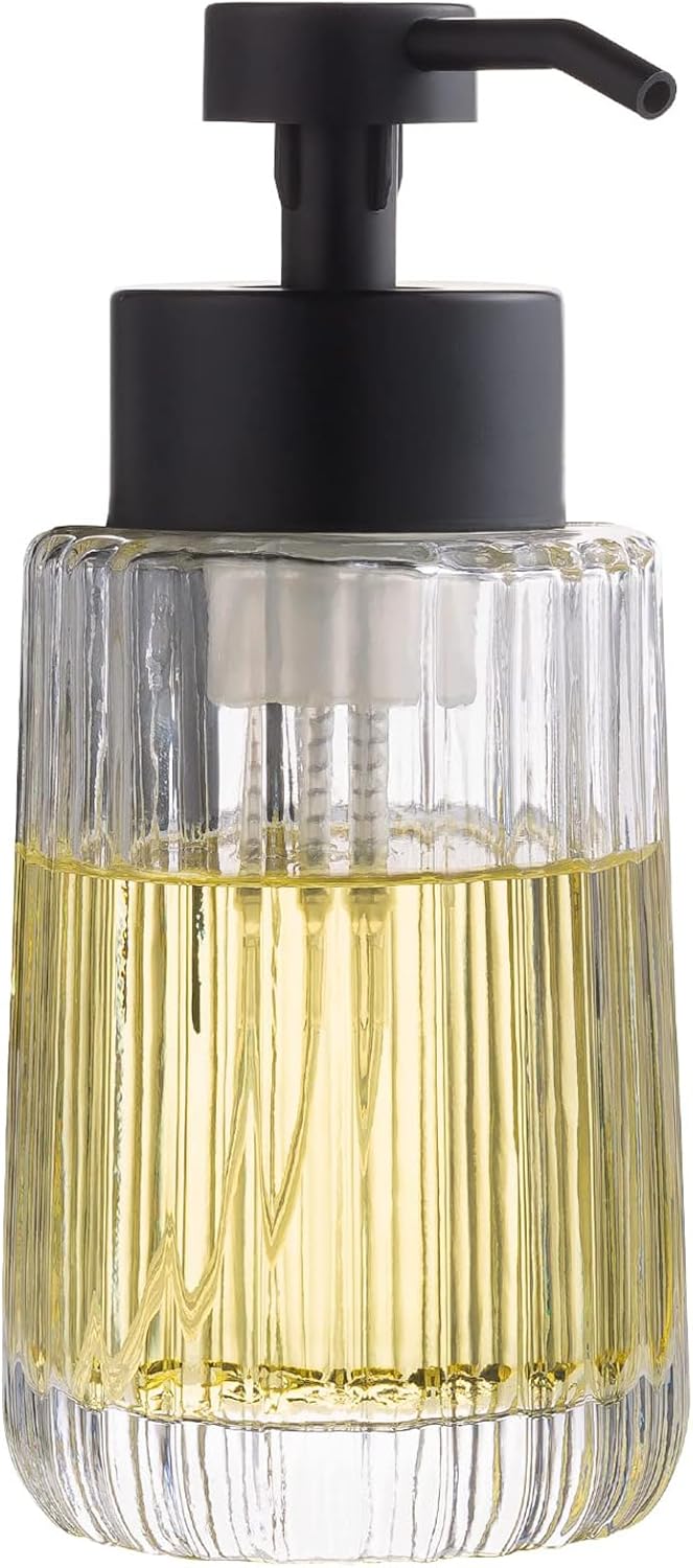 Ekirlin Foaming Glass Soap Dispenser with Rust Proof Stainless Steel Pump, 12 OZ Refillable Kitchen Soap Dispenser with Vertical Stripe, Hand soap Dispenser for Dish Soap, Bathroom Soap (Clear)