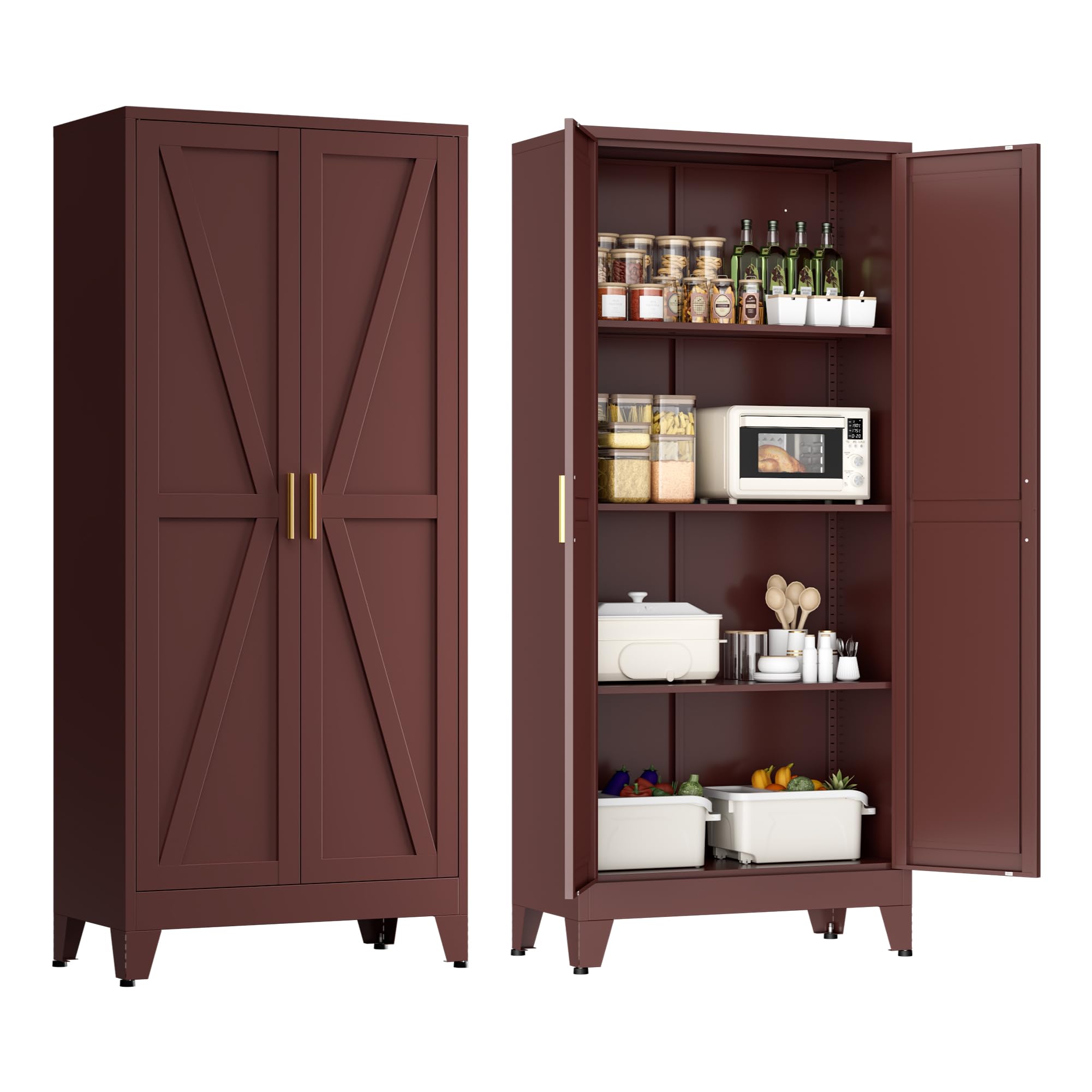 LCAOPC 61" Tall Farmhouse Metal Pantry Cabinet, 4-Tier Freestanding Kitchen Storage Cabinet with 3 Adjustable Shelves for Living Room, Dining Room and Office, Maroon Red-Brown