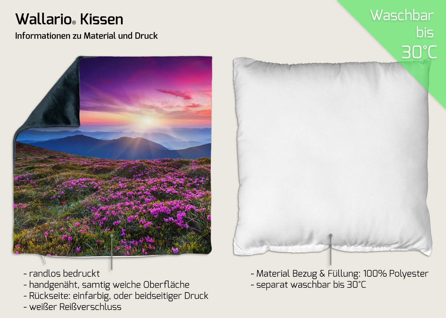 Wallario Dekokissen 60 x 60 cm mit schwarzer Rückseite, Blumenbedeckte Wiese bei Sonnenuntergang, Kuschelkissen mit weicher Plüsch-Oberfläche