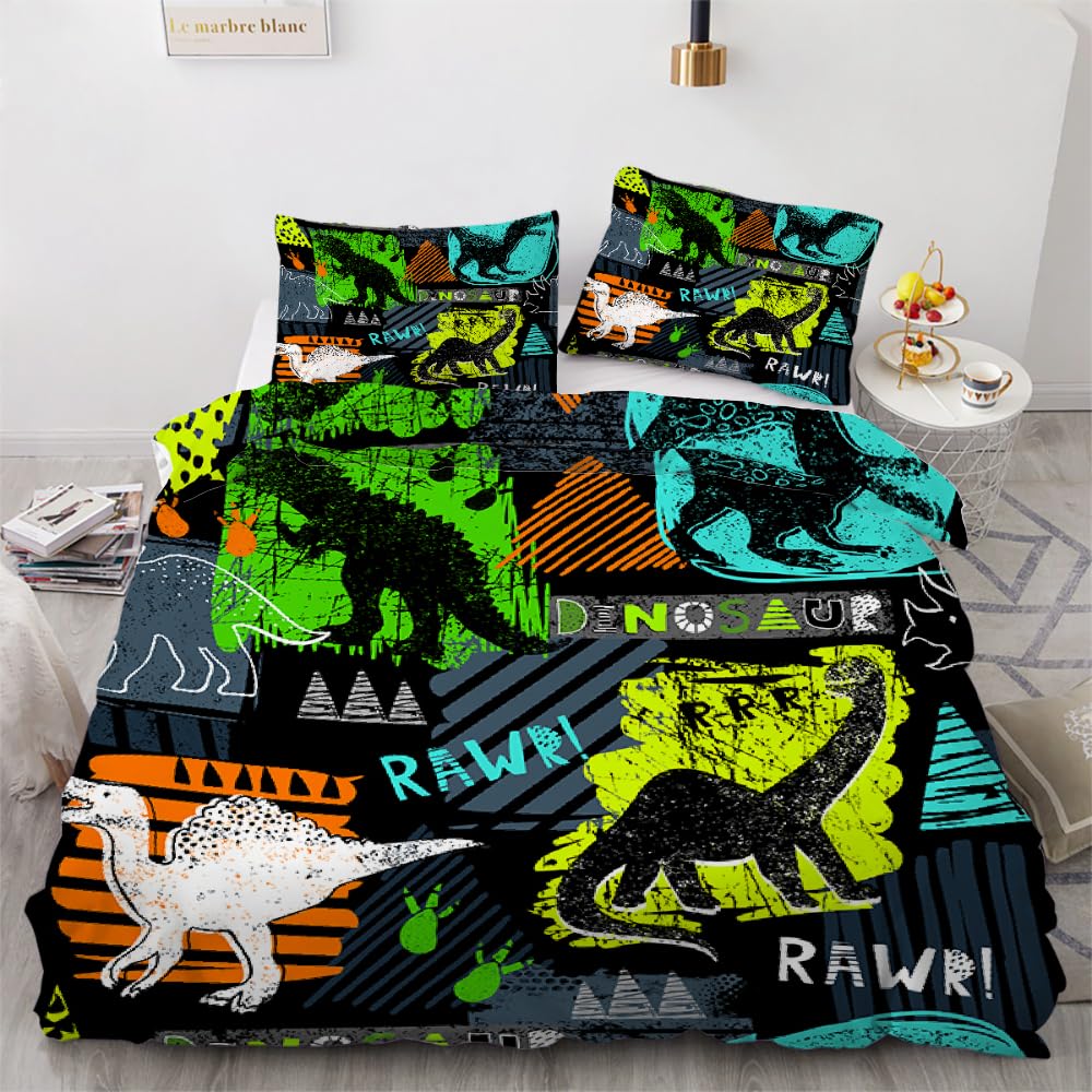 MARBRE 3D Dinosaur Double Duvet Cover Set 200x200cm 3 piece Soft Microfiber Reversible Bedding Set Graffiti Comforter Cover with Zipper Closure Quilt Cover with 2 Pillowcase 50x75cm（Image 3-2）